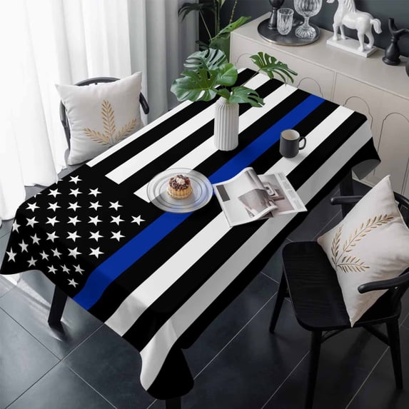 Blue American Flag Table Cloth Waterproof Tablecloths, Black White Striped US Flag Stars Tablecloth Dining Table Cover for Kitchen Party Tabletop Outdoor, Rectangle Tablecloth 54x108 Inch