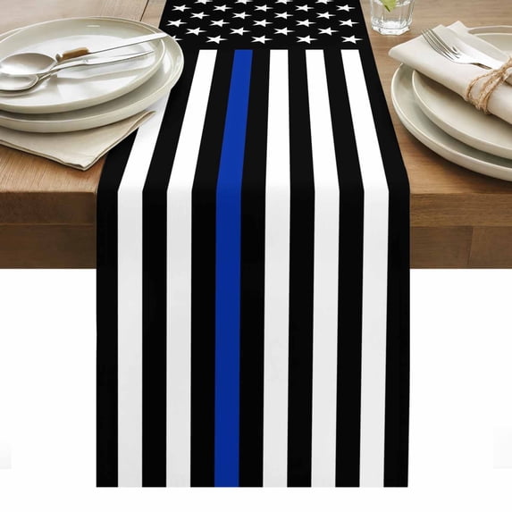 Blue American Flag Table Runner - 70 Inch Long, Kitchen Dining Table Runner Dresser Scarves, Black White Striped US Flag Stars Farmhouse Decor for Coffee Tables Wedding Party Banquet