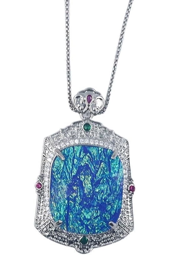 Blue Ammolite Shield Shape Neckalce,Ammolite Birthstone Necklace,Blue