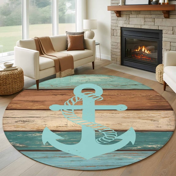Blue Anchor 8FT Round Area Rugs for Living Room Turquoise Brown Wood Grain Retro Strip Ultra-Thin Non-Slip Round Rugs Machine Washable Low Pile Circle Carpet for Bedroom Kitchen Nursery
