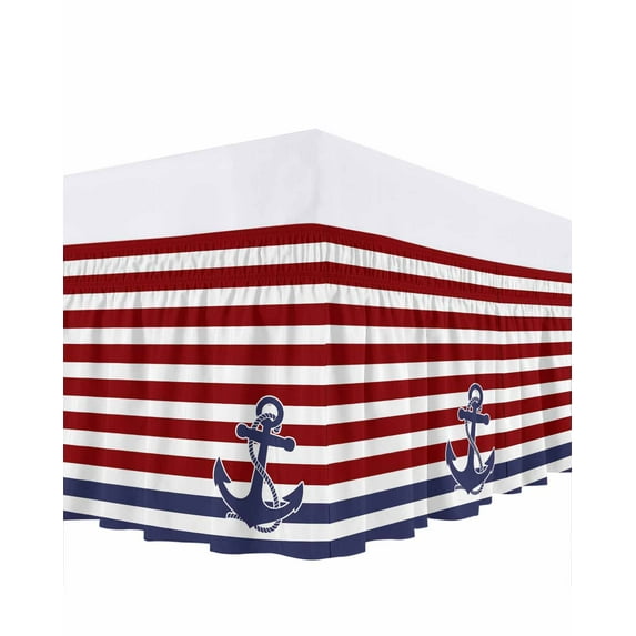 Blue Anchor Bed Skirt King Size 18 Inch Drop, Costal Red White Blue Stripes Background Wrap Around Dust Ruffle Bedskirts, Wrinkle & Fade Resistant Easy Fit Bedskirt with Adjustable Elastic