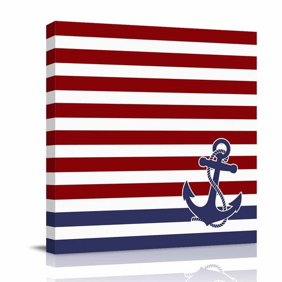 Blue Anchor Canvas Wall Art for Living Room, Costal Red White Blue Stripes Background Poster Print Painting for Bedroom Office Home Decoration Wall Pictures Prepare To Hang 8"x8"