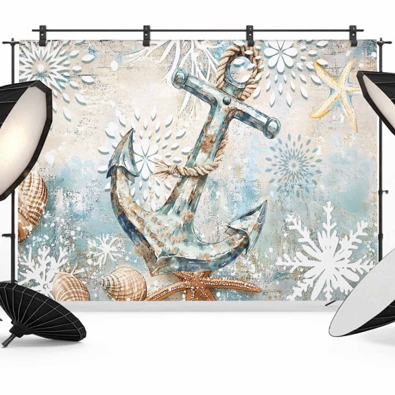 Blue Anchor Coastal Backdrop for Photoshoot,Photography Photo Studio Background Wall Backdrop,Nautical Summer Beach Starfish Snowflake Back Drop Banner Panel for Portraits Wedding Party 10x8Ft