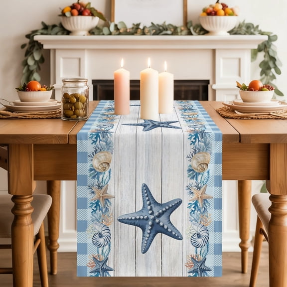 Blue Anchor Coastal Dining Table Runner, Summer Starfish Beach Coral Shell Wood Grain Washable Table Runners Kitchen Coffee Table Center Decor for Home Party Holiday Wedding 13 x 70 Inches