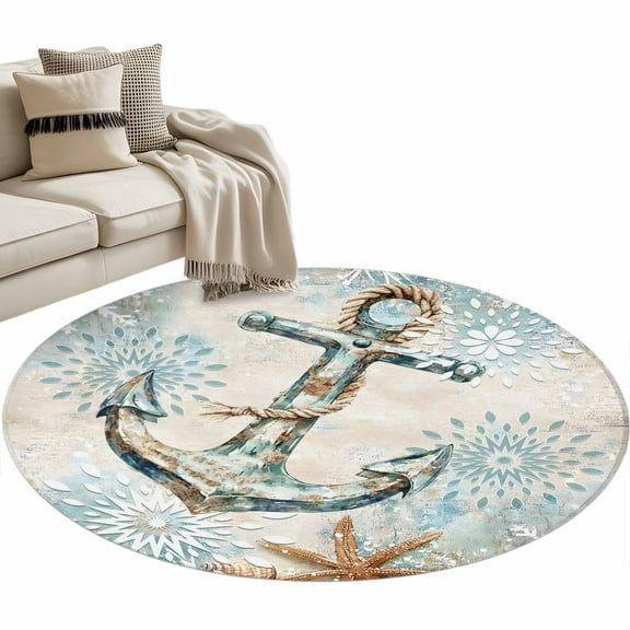 Blue Anchor Coastal Round Area Rug 4 FT, Non Slip Indoor Outdoor Rug, Nautical Summer Beach Starfish Snowflake Washable Soft Circular Carpet Floor Mat for Coffee Table Nursery Foyer Balcony