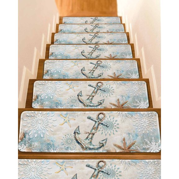 Blue Anchor Coastal Stair Treads for Wooden Steps Indoor Runner Rug Carpet,Nautical Summer Beach Starfish Snowflake 4 Pieces Peel and Stick Staircase Step Treads Covers Throw Door Mats,30"x8"