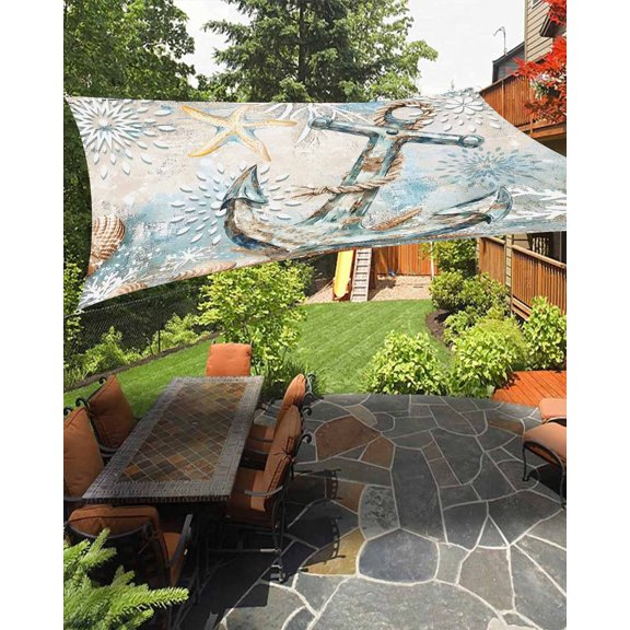 Blue Anchor Coastal Sun Sail Shades Rectangle Canopy,Sunlight Block Heavy Duty Curved Backyard Shade Cover,Nautical Summer Beach Starfish Snowflake Waterproof Sun Shades for Patios Garden 6.5'x10'