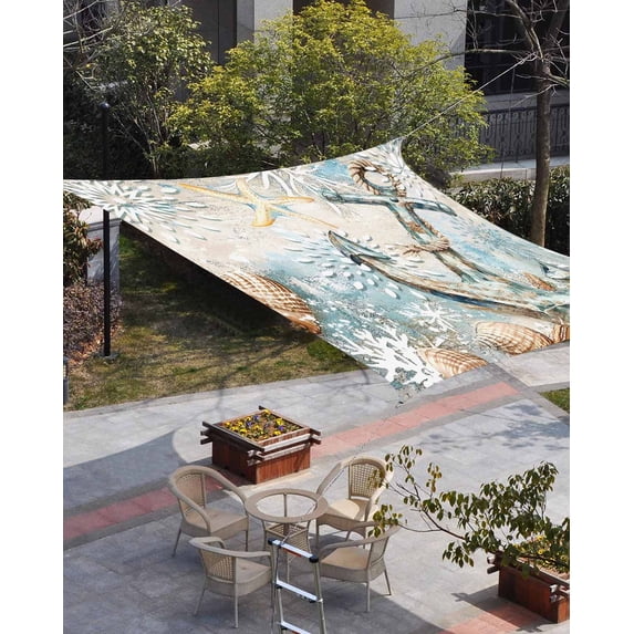 Blue Anchor Coastal Sun Shade Sail 8'x10' Rectangle Outdoor Shade Canopy, Nautical Summer Beach Starfish Snowflake Porch Shades Outdoor Sun Blocking Screen, Sunshade Cloth Covers for Patio/Deck