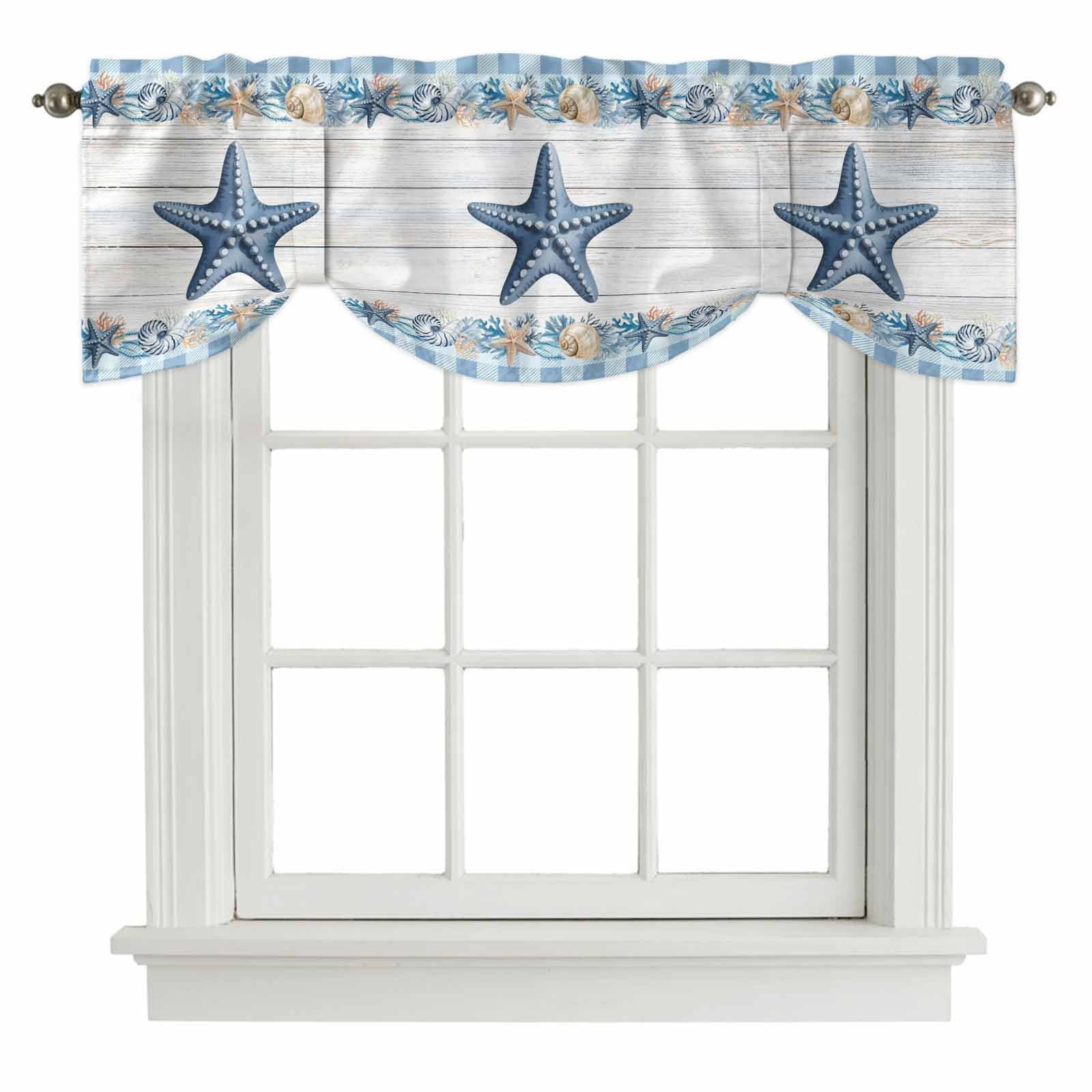 Blue Anchor Coastal Tie Up Valance Curtains Summer Starfish Beach Coral ...