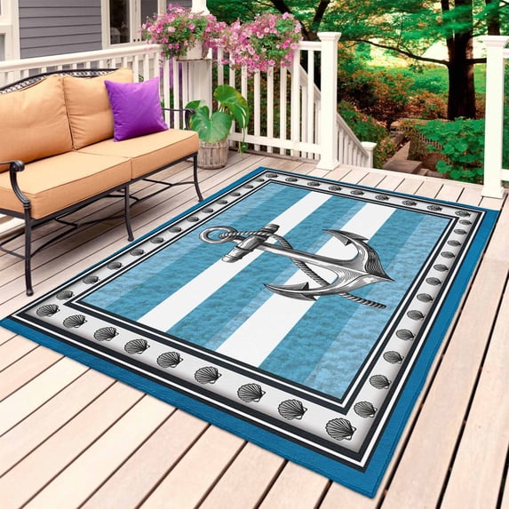 Blue Anchor Outdoor Rug 3x5 Ft, Non Slip Washable Area Rug, Nautical Summer Beach Coastal Ocean Art Patio Rugs Carpet Runner, Large Floor Mat for Indoor/Outdoor Deck Porch Camping