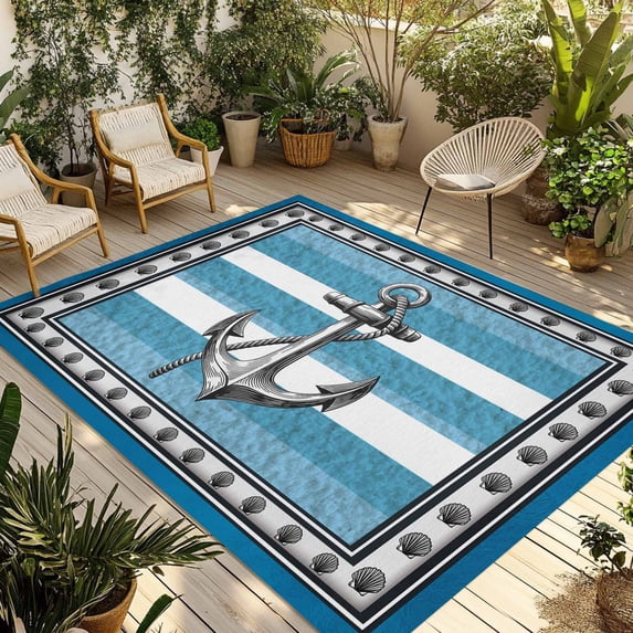 Blue Anchor Outdoor Rug for Patio/Deck/Porch, Non-Slip Large Area Rug 5 x 8 Ft, Nautical Summer Beach Coastal Ocean Art Indoor Outdoor Rugs Washable Area Rugs, Reversible Camping Rug Carpet Runner