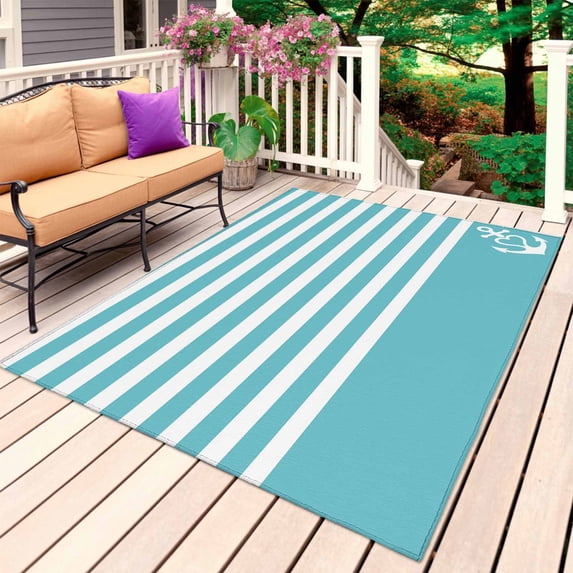 Blue Anchor Outdoor Rug for Patio/Deck/Porch, Non-Slip Large Area Rug 6 x 9 Ft, Modern Nautical White Geometric Stripes Indoor Outdoor Rugs Washable Area Rugs, Reversible Camping Rug Carpet Runner