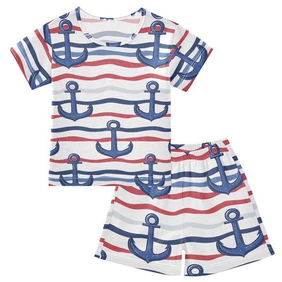 Blue Anchor Pattern Summer Pajama Set Soft Cotton Short Sleeve Sleepwear 2PCS Pajama Sets Breathable Lounge Set Size 5Y
