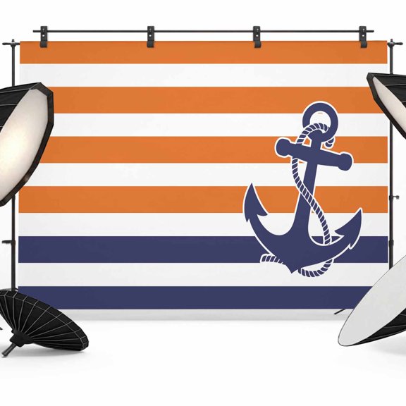Blue Anchor Photography Backdrop 7x5FT, Costal Orange White Blue Stripes Background Photo Backdrops, Background for Photography Studio Photo Studio Background, Back Drop for Photoshoot