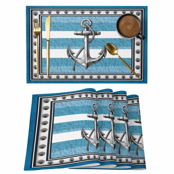 Blue Anchor Placemats Set of 4, Nautical Summer Beach Coastal Ocean Art Placemats for Dining Table, Place Mats for Kitchen Tabletop, Waterproof Wipeable Dining Table Mats Set