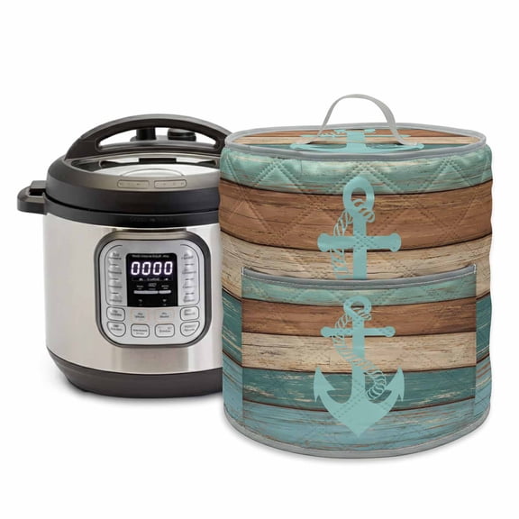 Blue Anchor Pressure Cooker Cover Turquoise Brown Wood Grain Retro Strip Dust Cover for Kitchen Appliances with Top Handle & Storage Pockets, Fits 6 Quart Instant Pot, Air Fryer, Crock Pot