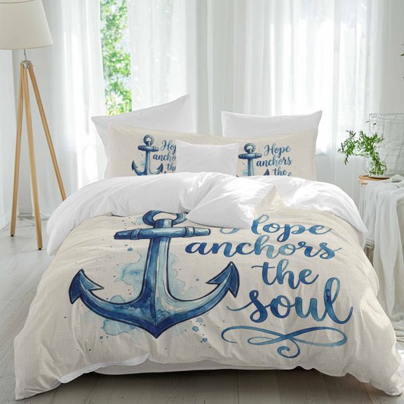 Blue Anchor Queen Size Comforter Set, Watercolor Hope Anchors The Soul Linen Texture Bedding for All Seasons, 4 Pcs Bed Set, 1Quiltcover (90"x92") ,1Sheet(94"x116"), 2Pillowcases (30"x20")