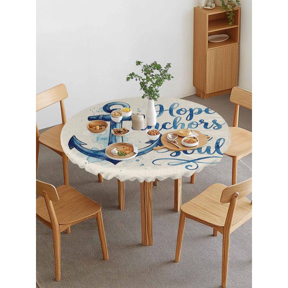 Blue Anchor Round Fitted Tablecloth with Elastic Edge, Watercolor Hope Anchors The Soul Linen Texture Waterproof Stretch Table Covers for 36"-44" Tables Wipeable Table Cloth for Outdoor