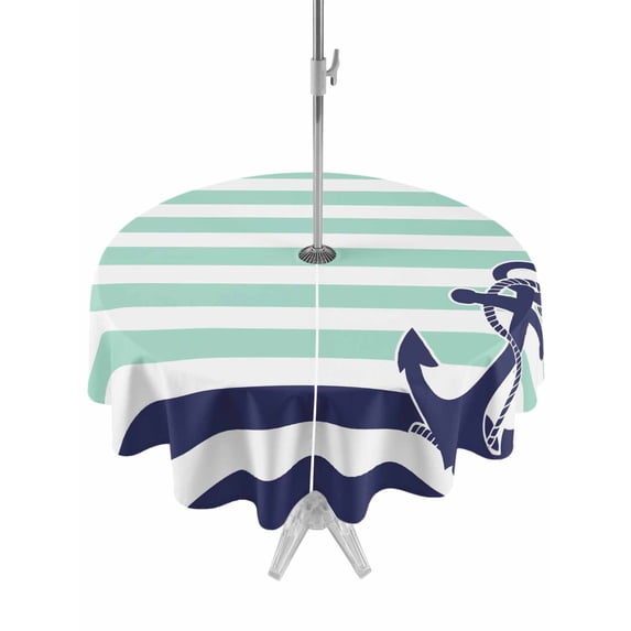 Blue Anchor Round Outdoor Tablecloth with Umbrella Hole Costal Mint ...