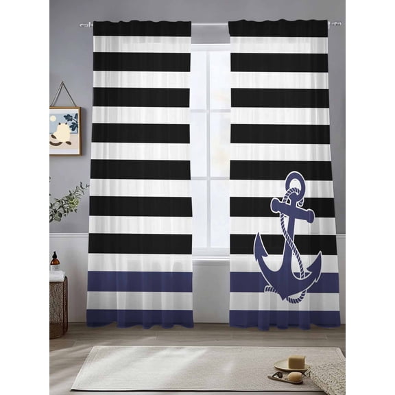 Blue Anchor Sheer Curtains 108 Inches Long 2 Panels Costal Black White Blue Stripes Background Light Filtering Semi Sheer Window Curtains Drapes for Bedroom Living Room 52"x108"