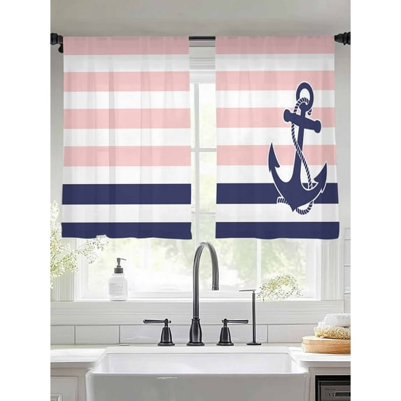 Blue Anchor Sheer Curtains 54 Inches Long 2 Panels Costal Pink White Blue Stripes Background Light Filtering Semi Sheer Window Curtains Drapes for Bedroom Living Room 52"x54"