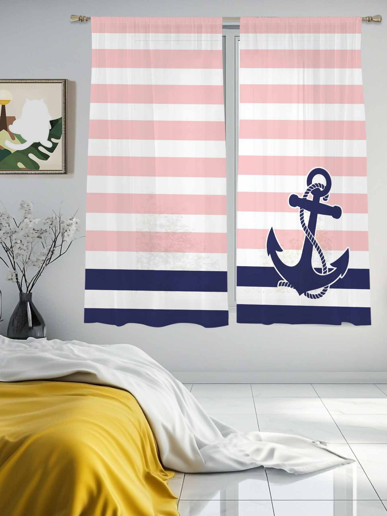 Blue Anchor Sheer Curtains 63 Inches Long 2 Panels, Semi Sheer Rod ...