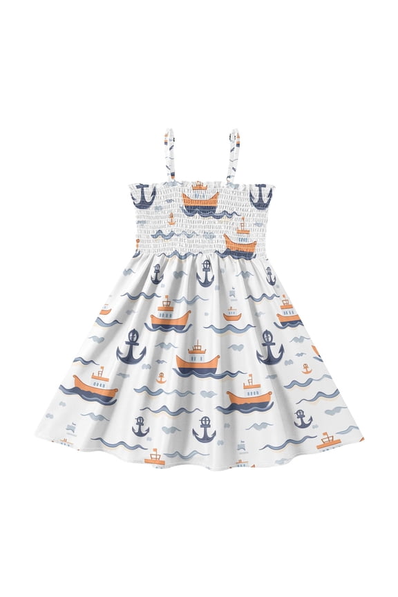 Blue Anchor Ship Pattern Girls' Casual Dresses 2Y-8Y Sleeveless Ruffle Neck for Summer Daily Wear