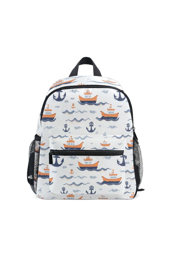 Blue Anchor Ship Pattern Mini Backpack Cute Small Backpack with Chest Strap and Whistle Ages 3-8