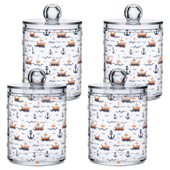 Blue Anchor Ship Pattern Plastic Storage Jar 4 Pack Clear Translucent Canisters Dustproof Lid