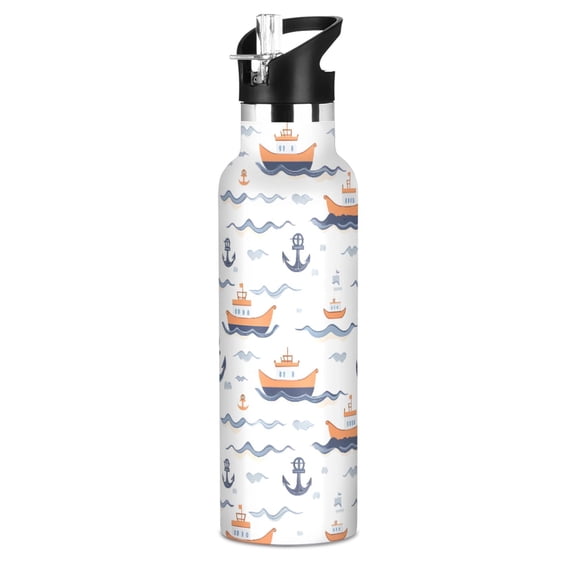 Blue Anchor Ship Pattern Sport Water Bottle for Kids Insulated with Straw for School Outdoor Daily Use