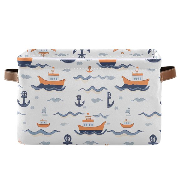 Blue Anchor Ship Pattern Storage Basket Canvas Waterproof PE Lining PU Leather Handles Collapsible 14.2x10.2x8.3in
