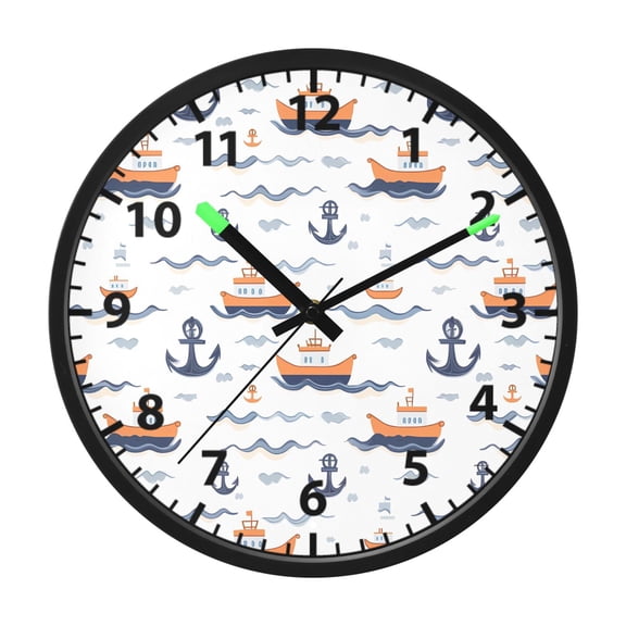 Blue Anchor Ship Pattern Wall Clock 12 Inch Voice Activated Night Light Silent Non Ticking