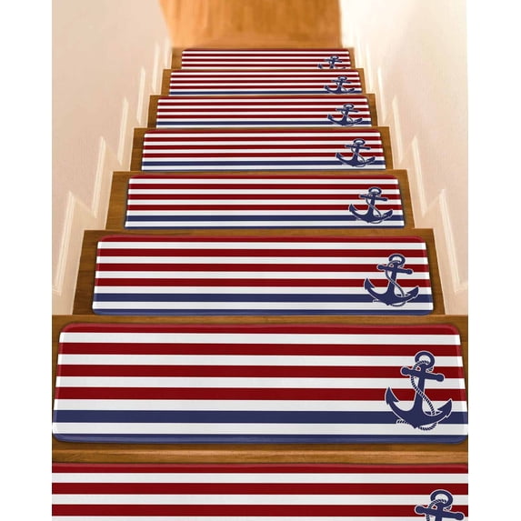 Blue Anchor Stair Treads Non Slip for Steps Costal Red White Blue Stripes Background 7 Pcs Reusable Adhesive Stair Runner Mats for Dogs Elders Carpet Treads Rugs for Staircase 8x30 In