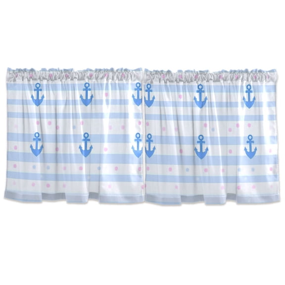 Blue Anchor Stripes Tier Curtains for Kitchen 57x24 Inch Semi Sheer Light Filtering Half Window Curtains 2 Panels