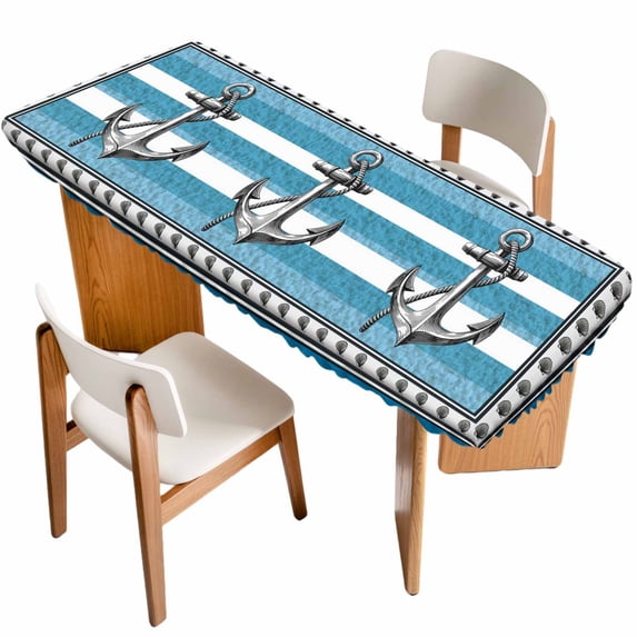 Blue Anchor Table Cloths for 8 Foot Rectangle Tables, Nautical Summer Beach Coastal Ocean Art Patio Waterproof Elastic Fitted Tablecloths, Washable Rectangular Table Cover for Camping