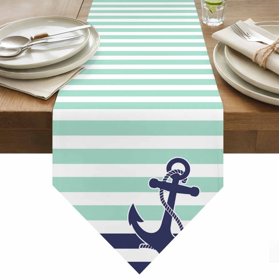Blue Anchor Table Runner 48 Inches Long Costal Mint Green White Stripes Background Table Runners for Dining Room Tabletop Dresser Scarf Home Party Banquet Wedding Holiday Decoration