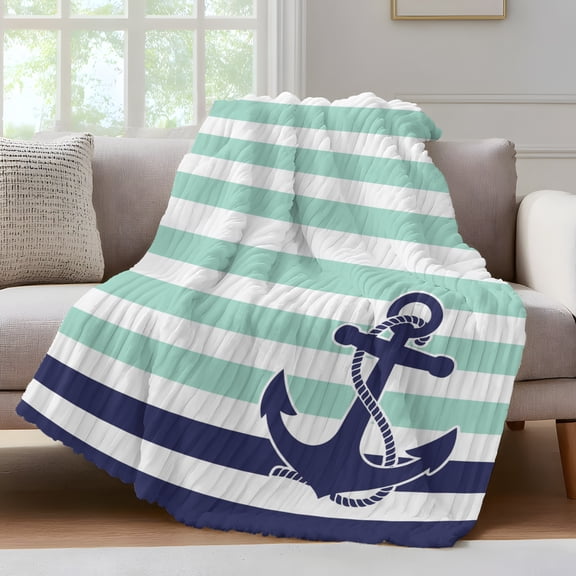 Blue Anchor Throw Blanket for Couch Costal Mint Green White Stripes Background Soft and Warm Flannel 3D Striped Fluffy Fuzzy Fleece Blanket Lightweight Throw for Bed, Sofa 30 x 40 Inches