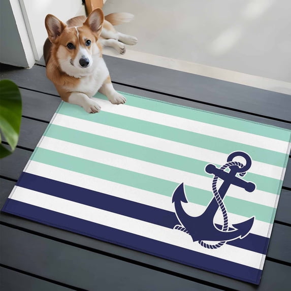 Blue Anchor Washable Area Rug 2x3 Costal Mint Green White Stripes Background Low-Profile Area Rugs with Non Slip Backing Indoor Floor Carpet for Entrance Living Room Bedroom Home Office