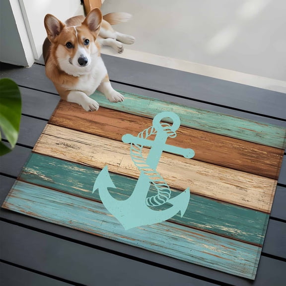 Blue Anchor Washable Area Rug 2x3 Turquoise Brown Wood Grain Retro Strip Low-Profile Area Rugs with Non Slip Backing Indoor Floor Carpet for Entrance Living Room Bedroom Home Office