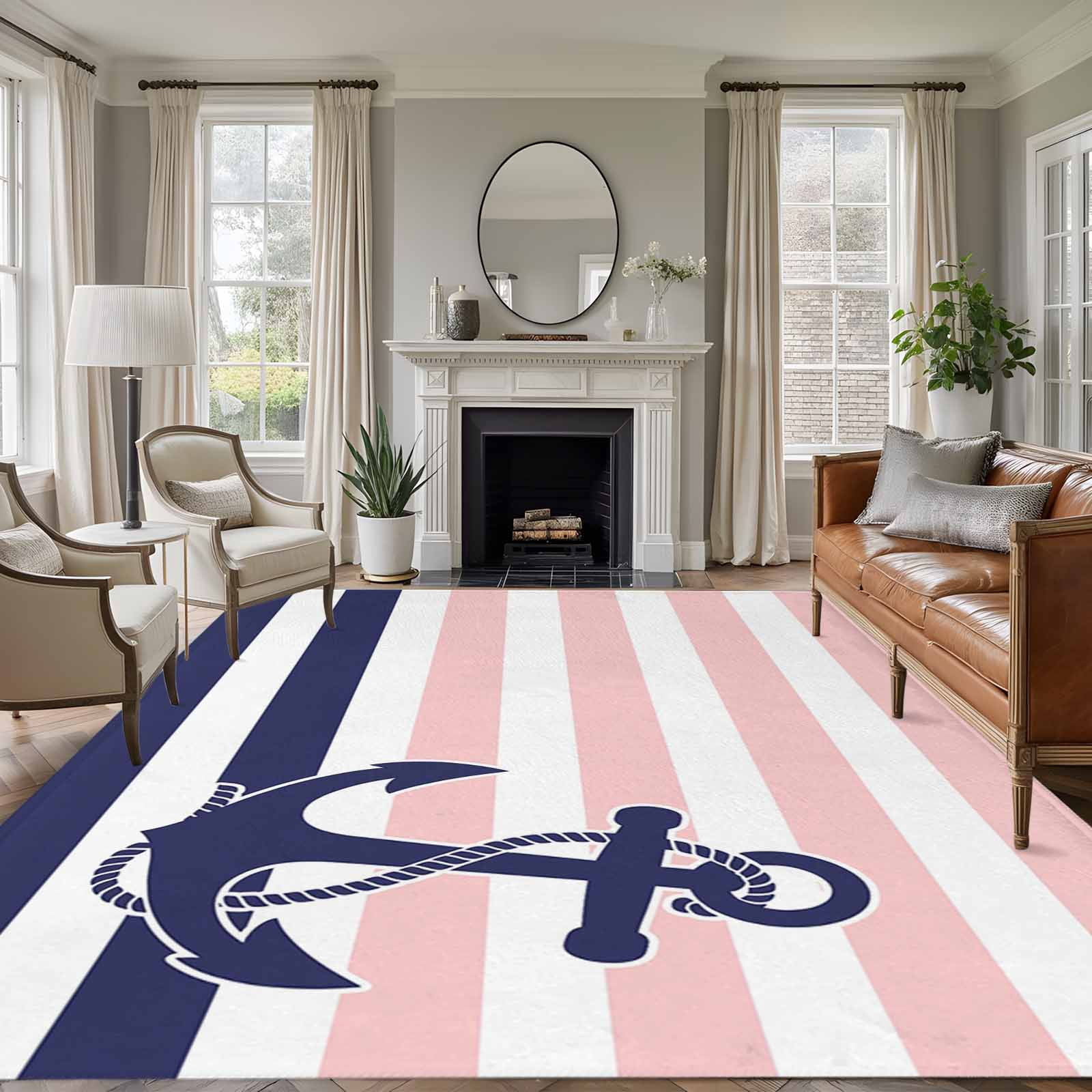 Blue Anchor Washable Living Room Rugs 5'x8', Costal Pink White Blue ...