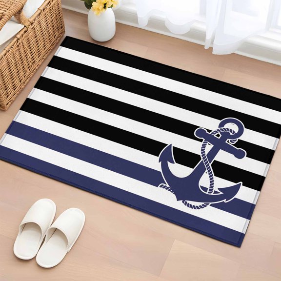 Blue Anchor Washable Small Entryway Area Rugs 2'x3', Costal Black White Blue Stripes Background Low Pile Throw Rug Non-Slip Sturdy Edge Binding Carpet for Front Door Floor Room Entry