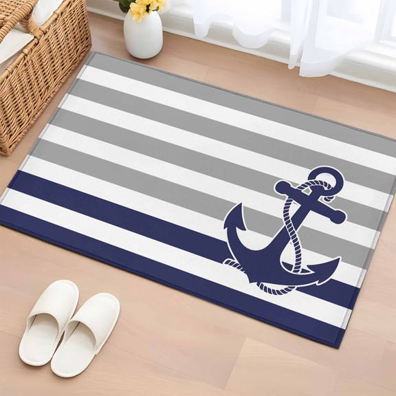 Blue Anchor Washable Small Entryway Area Rugs 2'x3', Costal Grey White Blue Stripes Background Low Pile Throw Rug Non-Slip Sturdy Edge Binding Carpet for Front Door Floor Room Entry