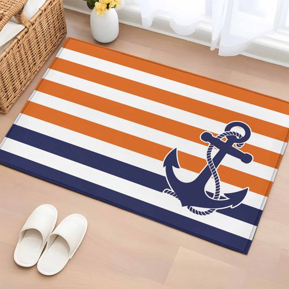 Blue Anchor Washable Small Entryway Area Rugs 2'x3', Costal Orange White Blue Stripes Background Low Pile Throw Rug Non-Slip Sturdy Edge Binding Carpet for Front Door Floor Room Entry