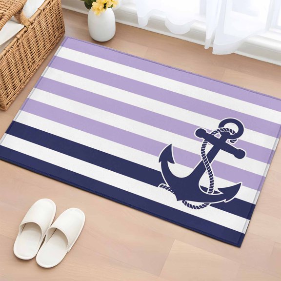 Blue Anchor Washable Small Entryway Area Rugs 2'x3', Costal Purple White Blue Stripes Background Low Pile Throw Rug Non-Slip Sturdy Edge Binding Carpet for Front Door Floor Room Entry