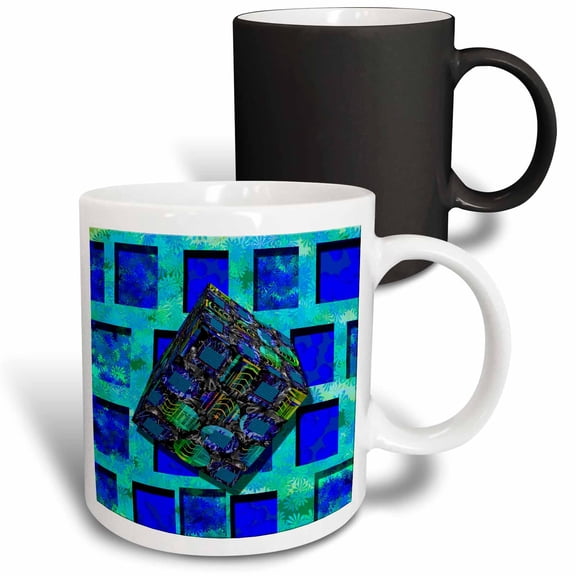 3drose, Blue and Aqua Layers in the Background with a 3d Cube Wrap in Front, 11oz Magic Transforming Mug