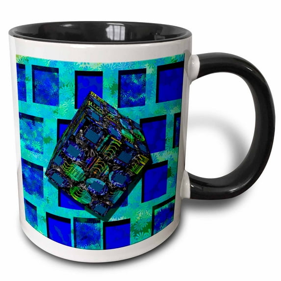 3drose, Blue and Aqua Layers in the Background with a 3d Cube Wrap in Front, 11oz Two-tone Black Mug