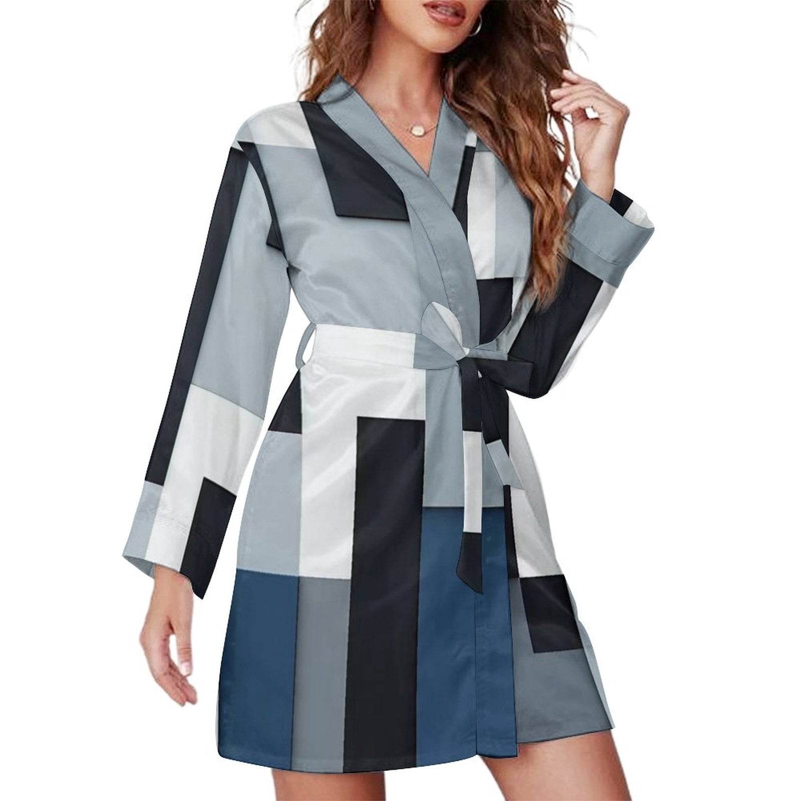 Blue And Black And Grey Squares Night Robe Long Sleeve V Neck Robe With ...