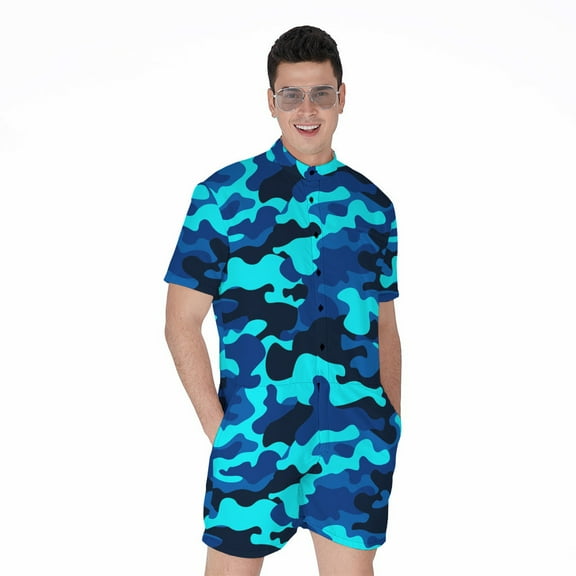 Blue And Black Camouflage Short Sleeve Men'S Rompers Casual Summer Jumpsuits Outfit
