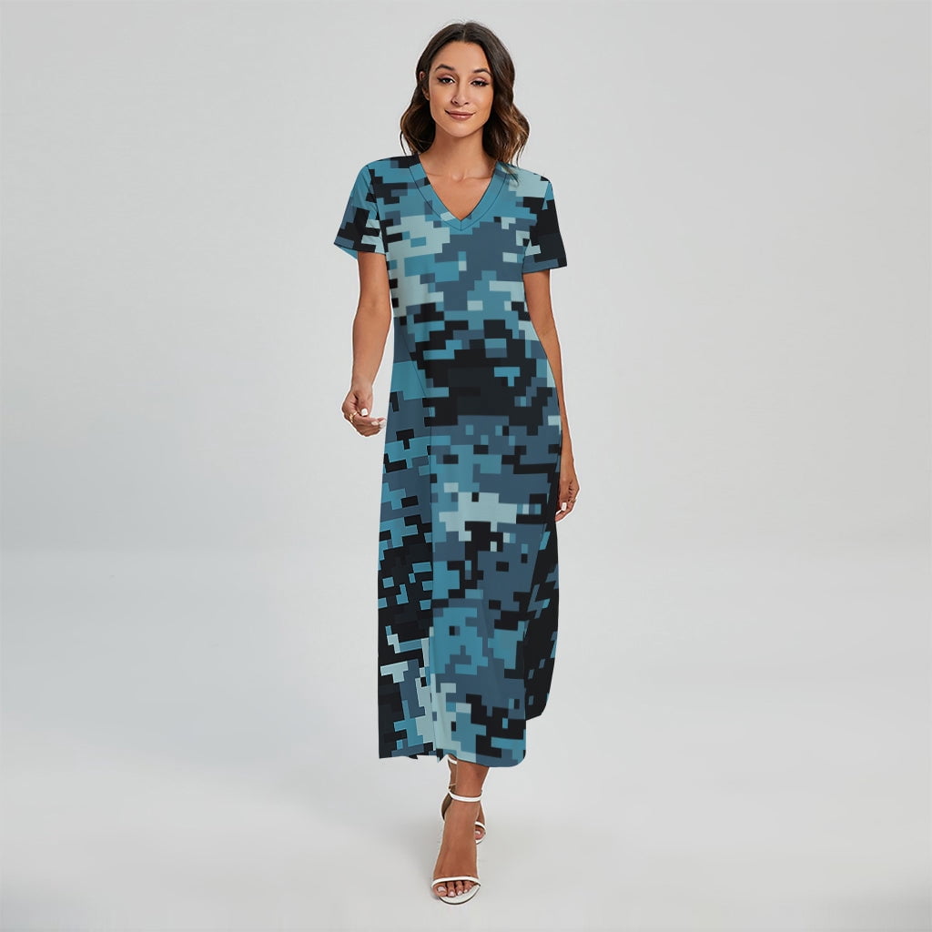 NOBRAND Blue And Black Digital Camo Printed Short Sleeve Maxi Dress, Camo Camouflage Fashion Summer Maxi Dress For Women, Women's, Size: 2XL NOBRAND Blue And Black Digital Camo Printed Short Sleeve Maxi Dress, Camo Camouflage Fashion Summer Maxi Dress For Women, Women's, Size: 2XL