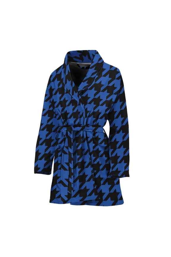 Blue And Black Houndstooth Women Bathrobe One Size Univeral Fits Fashion Lightweight Plush Fleece Long Robe For Women